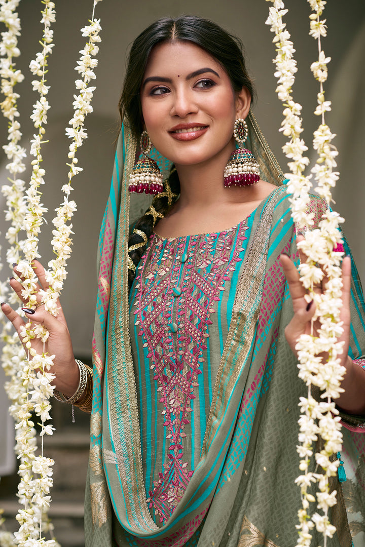 Cyan Bemberg Silk Embroidered Straight Cut Salwar Suit