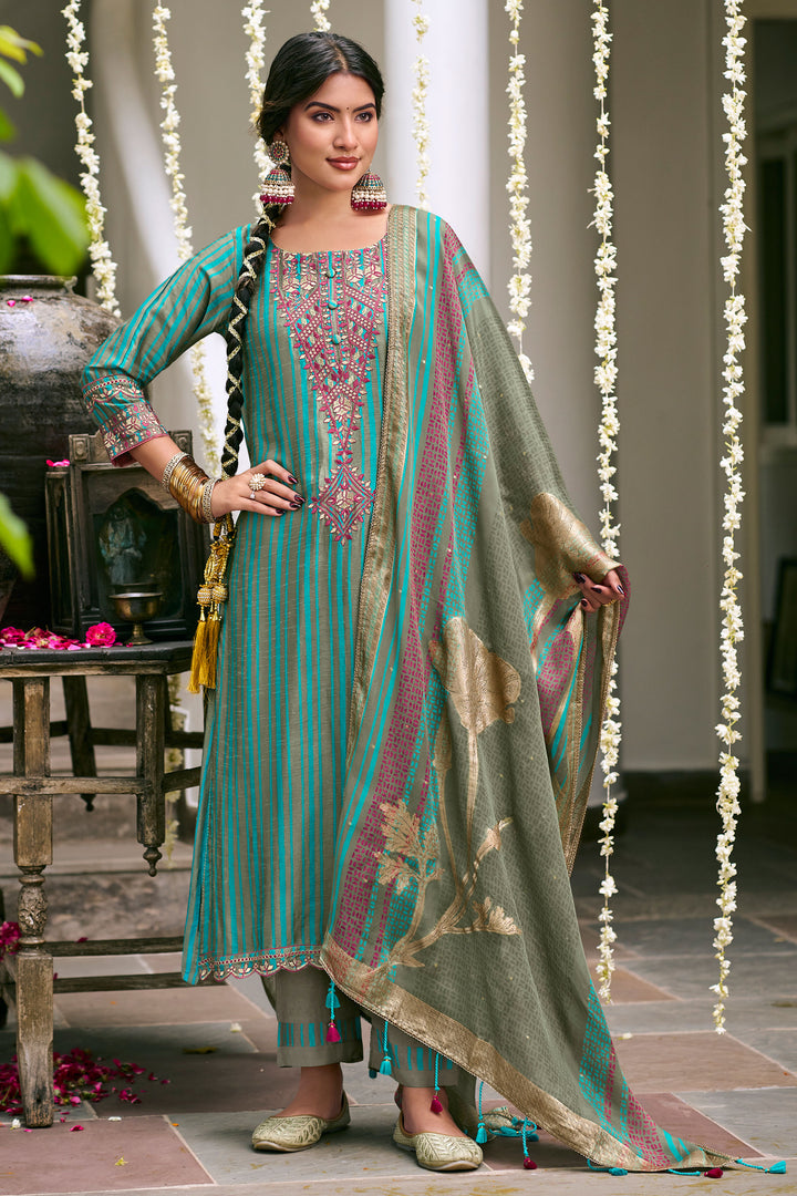 Cyan Bemberg Silk Embroidered Straight Cut Salwar Suit