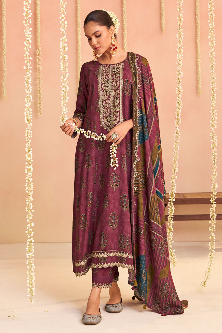 Elegant Emerald Pink Pure Pashmina Digital Print Long Salwar Kameez With Intricate Embroidery