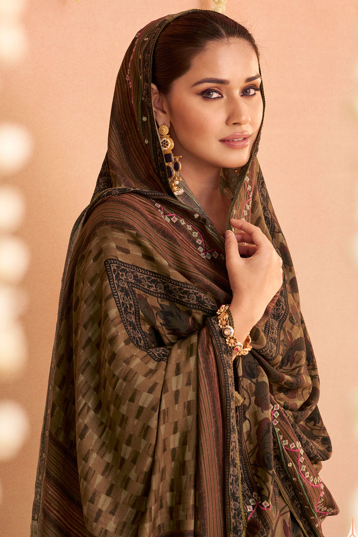 Radiant Ruby Brown Pure Pashmina Digital Print Salwar Kameez With Elegant Embroidery