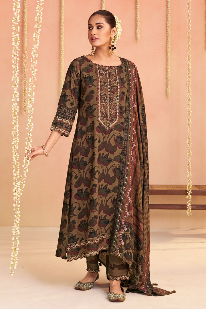 Radiant Ruby Brown Pure Pashmina Digital Print Salwar Kameez With Elegant Embroidery