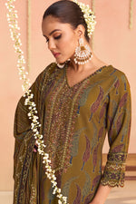 Load image into Gallery viewer, Majestic Midnight Brown Pure Pashmina Embroidered Digital Print Long Salwar Kameez
