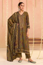 Load image into Gallery viewer, Majestic Midnight Brown Pure Pashmina Embroidered Digital Print Long Salwar Kameez
