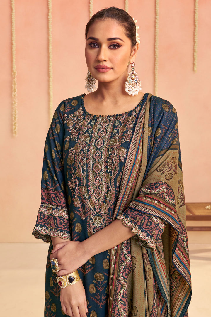 Timeless Navy Blue Pure Pashmina Digital Print And Embroidery Work Long Salwar Kameez