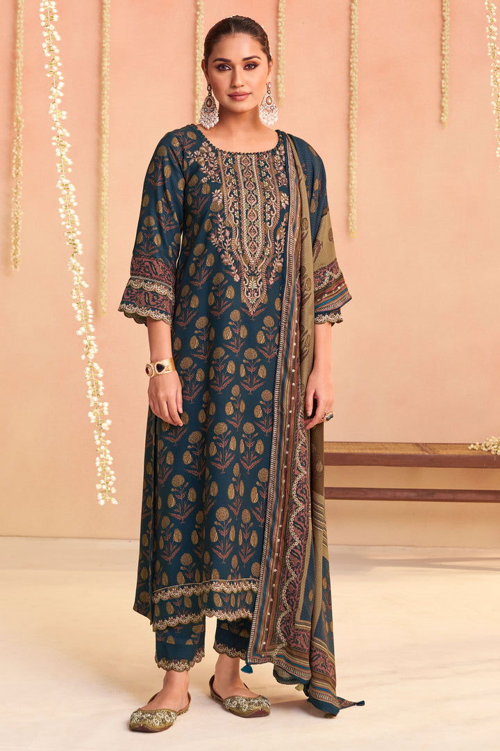 Timeless Navy Blue Pure Pashmina Digital Print And Embroidery Work Long Salwar Kameez