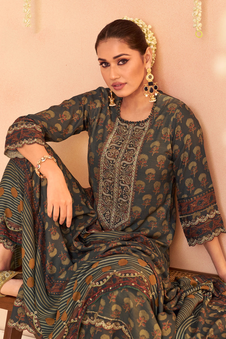 Luxurious Dark Brown Pure Pashmina Digital Print Long Salwar Kameez With Embroidery