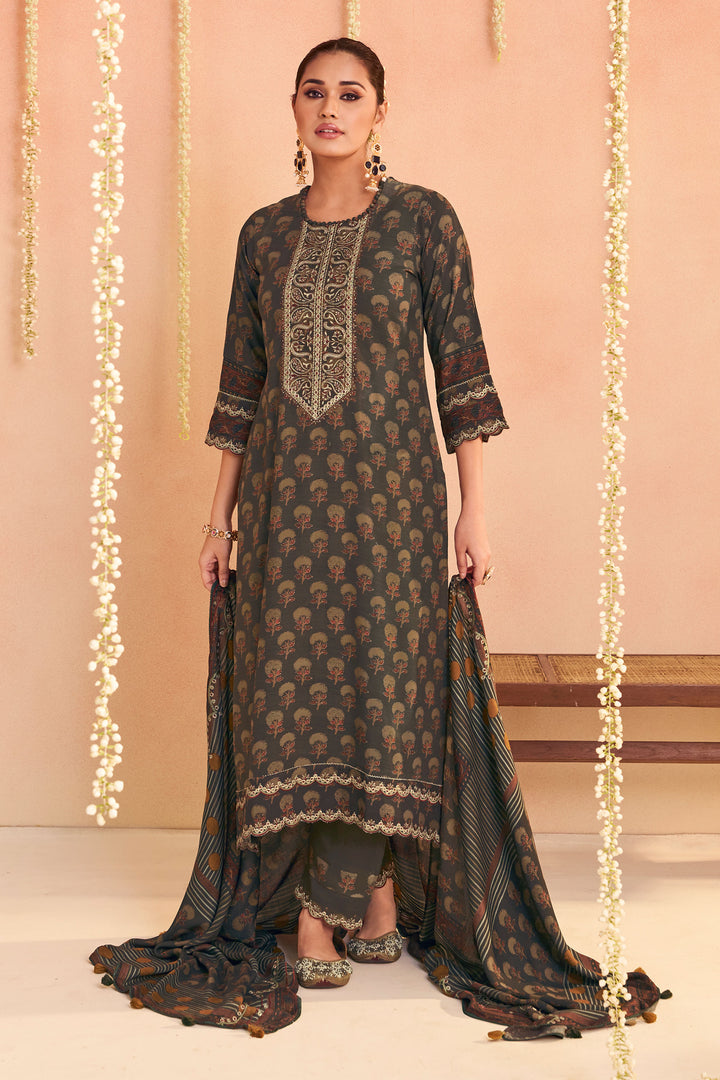 Luxurious Dark Brown Pure Pashmina Digital Print Long Salwar Kameez With Embroidery