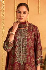 Load image into Gallery viewer, Opulent Maroon Pure Pashmina Digital Print Embroidered Long Salwar Kameez
