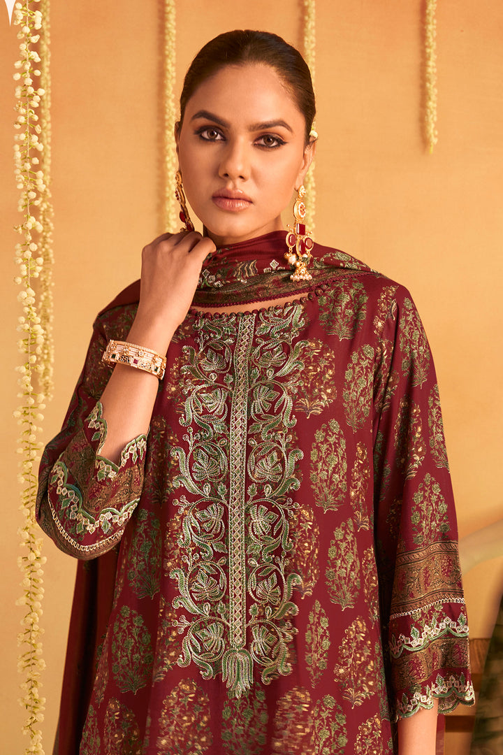 Opulent Maroon Pure Pashmina Digital Print Embroidered Long Salwar Kameez