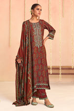 Load image into Gallery viewer, Opulent Maroon Pure Pashmina Digital Print Embroidered Long Salwar Kameez
