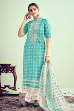 Load image into Gallery viewer, Cyan Color Pure Cotton Block Print With Embroidery Work Daily Wear Suit
