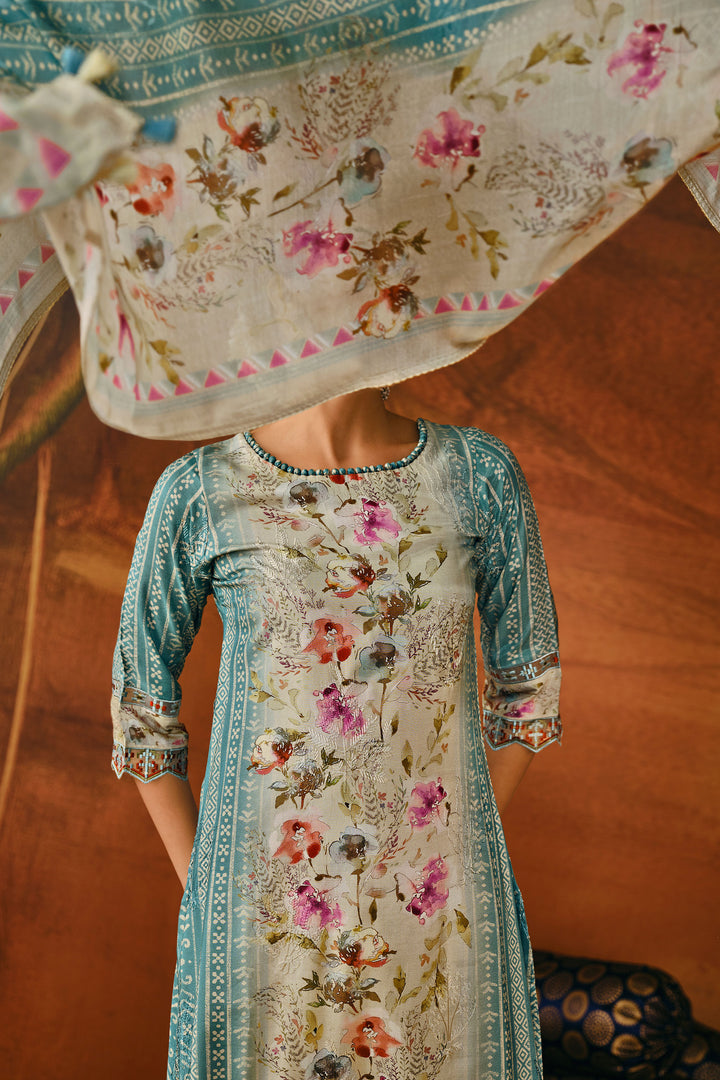 Cyan Pure Moga Silk Digital Print Casual Suit