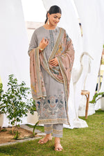 Load image into Gallery viewer, Grey Pure Cotton Butti Embroidered Straight Cut Suit
