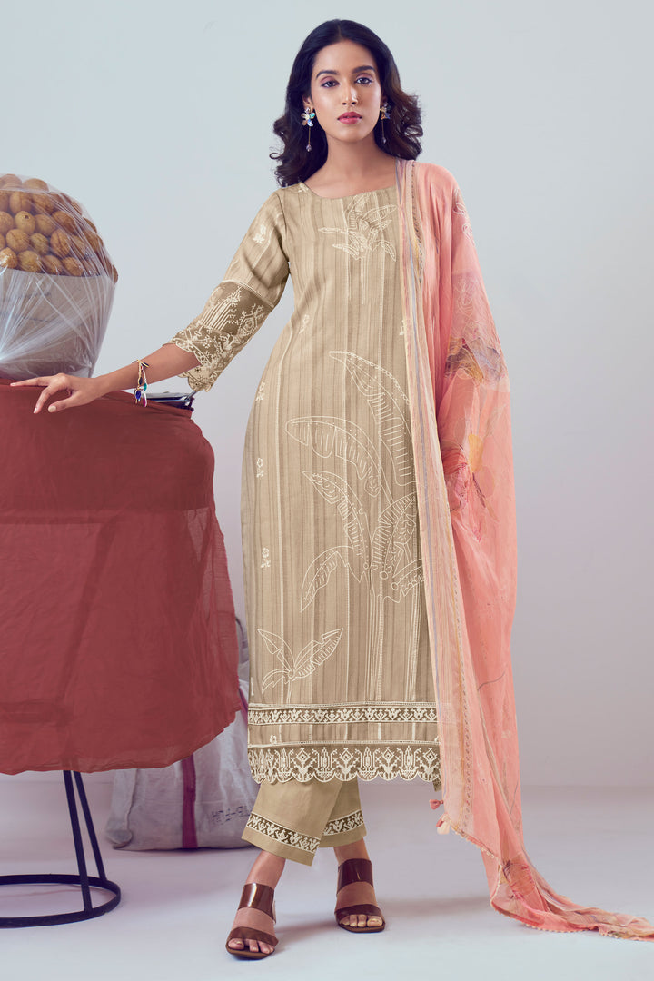 Beige Color Pure Cotton Block Print With Embroidery Work Salwar Suit