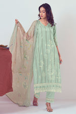 Load image into Gallery viewer, Pure Cotton Sea Green Color Block Print With Embroidery Work Salwar Suit
