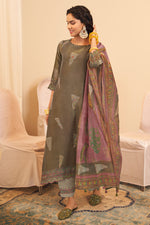 Load image into Gallery viewer, Brown Pure Tissue Hand Batik Print Designer Suit
