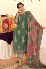 Load image into Gallery viewer, Dark Green Pure Tissue Hand Batik Print Designer Dress
