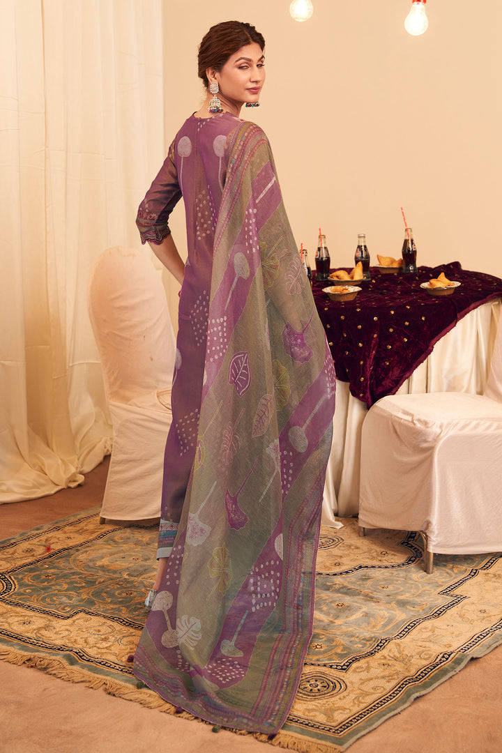 Pure Tissue Hand Batik Print Designer Salwar Kameez In Lavender Color