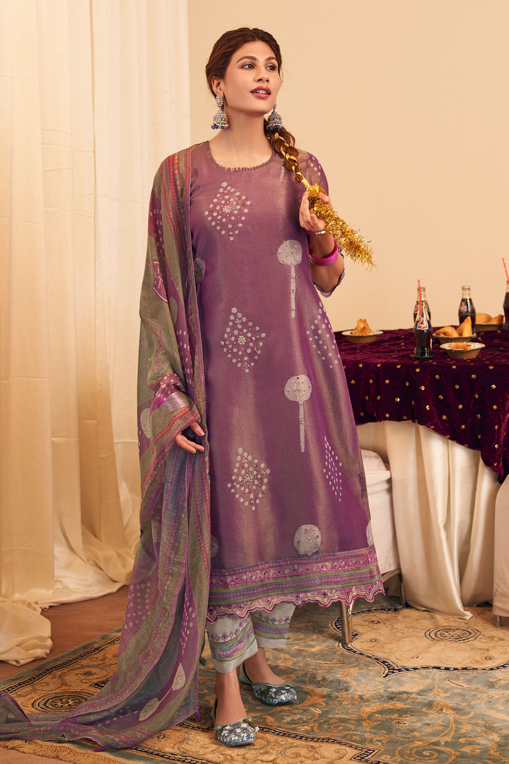 Pure Tissue Hand Batik Print Designer Salwar Kameez In Lavender Color