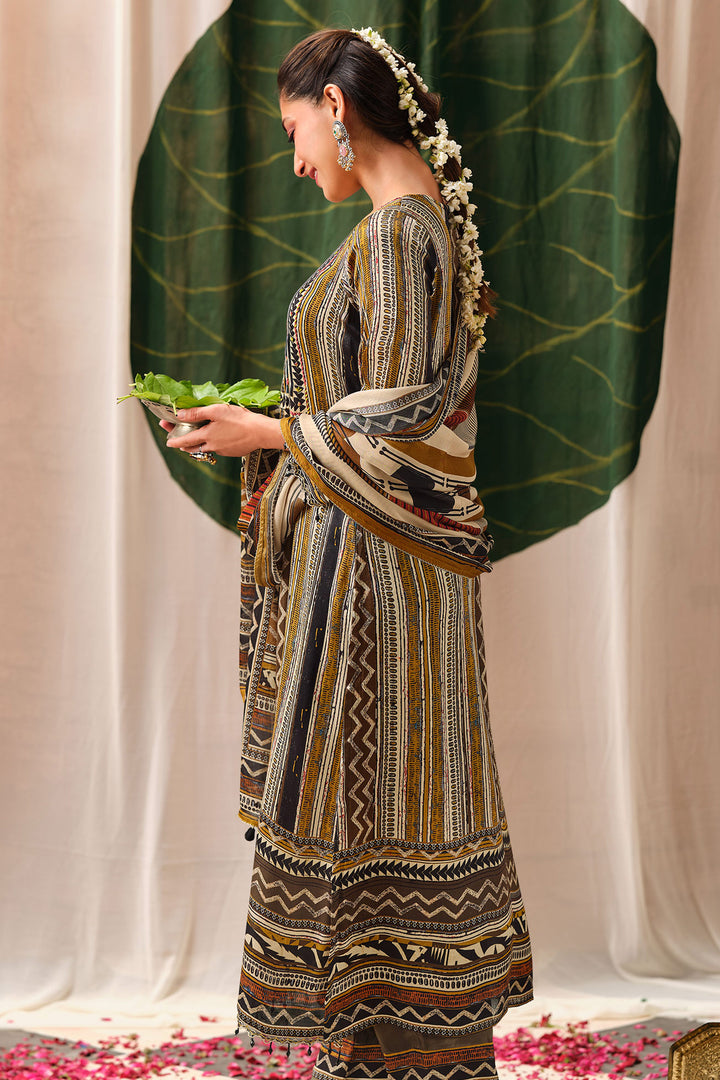 Pure Kutch Satin Ajrak Print Embroidered Designer Salwar Kameez