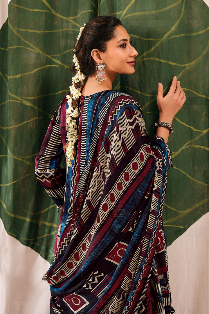 Elegant Ajrak Print Satin Handwork Traditional Salwar Kameez