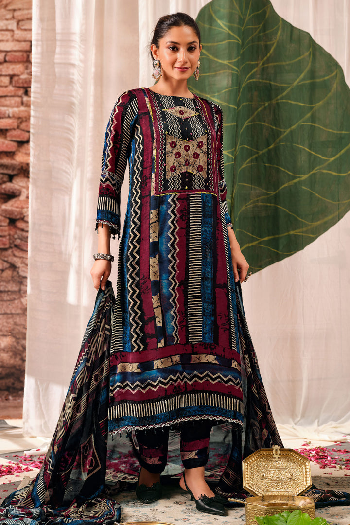 Elegant Ajrak Print Satin Handwork Traditional Salwar Kameez