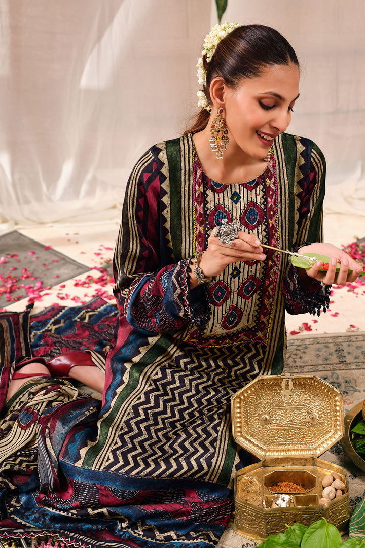 Royal Ajrak Print Kutch Satin Lace Work Ethnic Salwar Kameez