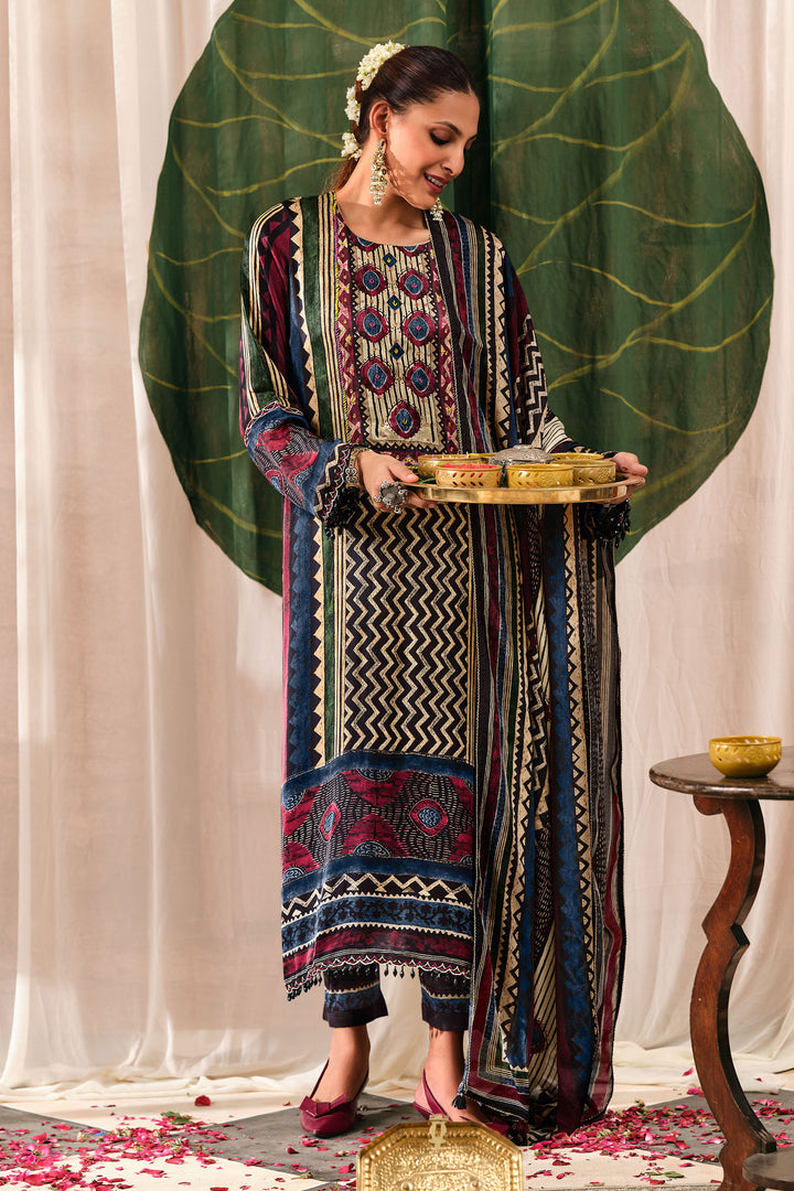 Royal Ajrak Print Kutch Satin Lace Work Ethnic Salwar Kameez