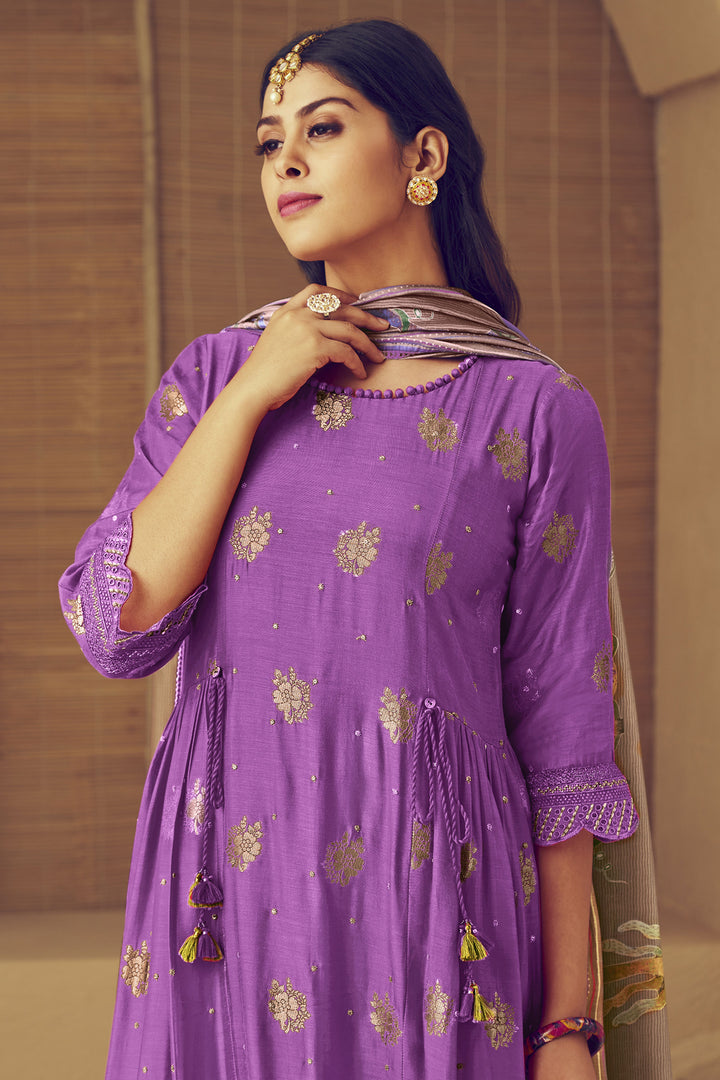 Pure Muslin Jacquard Sequence Embroidery Purple Party Wear Suit