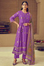 Load image into Gallery viewer, Pure Muslin Jacquard Sequence Embroidery Purple Party Wear Suit
