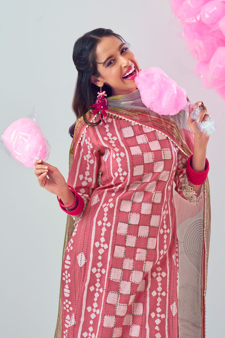 Pink Pure Cotton Katha Work With Hand Block Print Casual Salwar Kameez