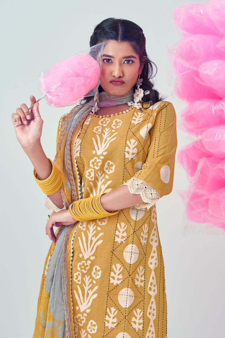 Mustard Pure Cotton Katha Work With Hand Block Print Casual Salwar Suit