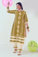 Load image into Gallery viewer, Pure Cotton Katha Work With Hand Block Print Casual Salwar Suit In Khaki Color
