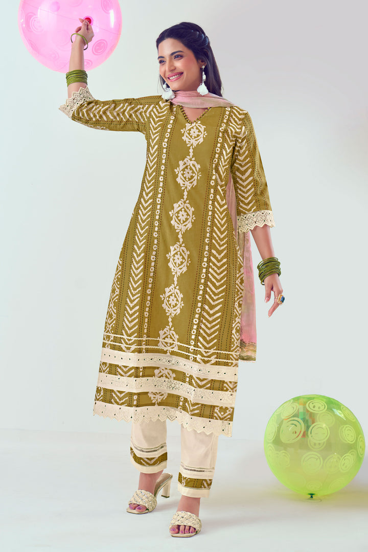 Pure Cotton Katha Work With Hand Block Print Casual Salwar Suit In Khaki Color