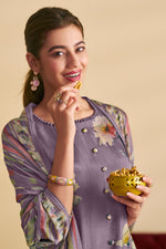 Load image into Gallery viewer, Purple Digital Print Work Salwar suit In Bemberg slub silk Fabric
