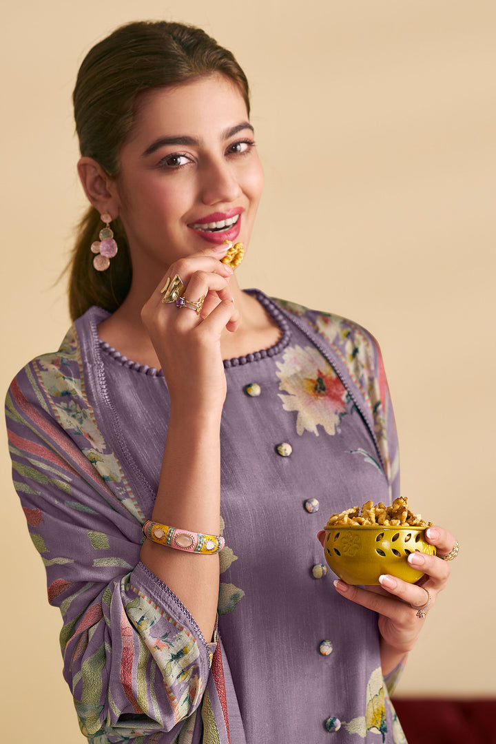 Purple Digital Print Work Salwar suit In Bemberg slub silk Fabric