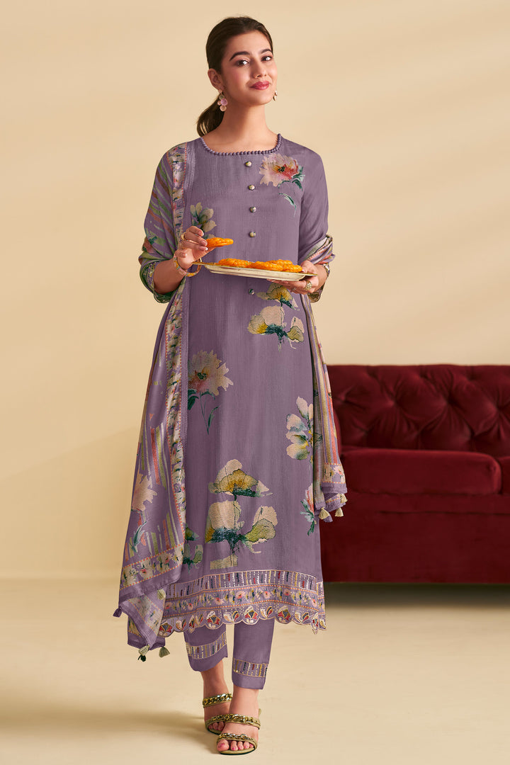 Purple Digital Print Work Salwar suit In Bemberg slub silk Fabric