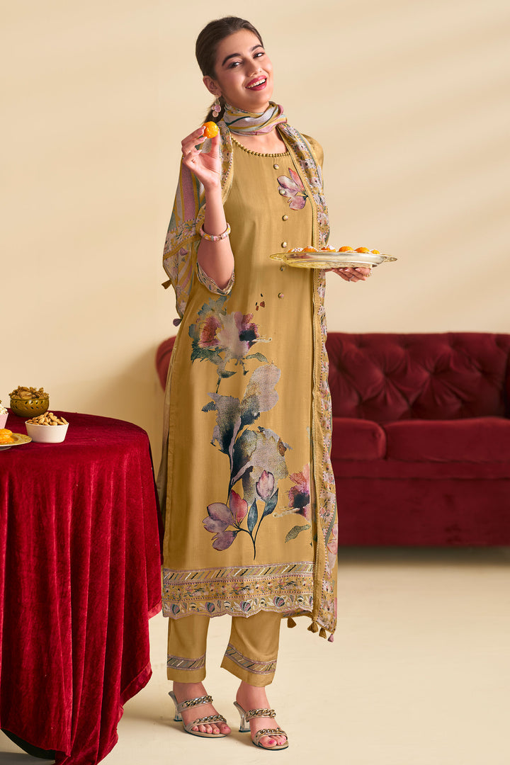 Yellow Bemberg slub silk Salwar Suit With Digital Print Work
