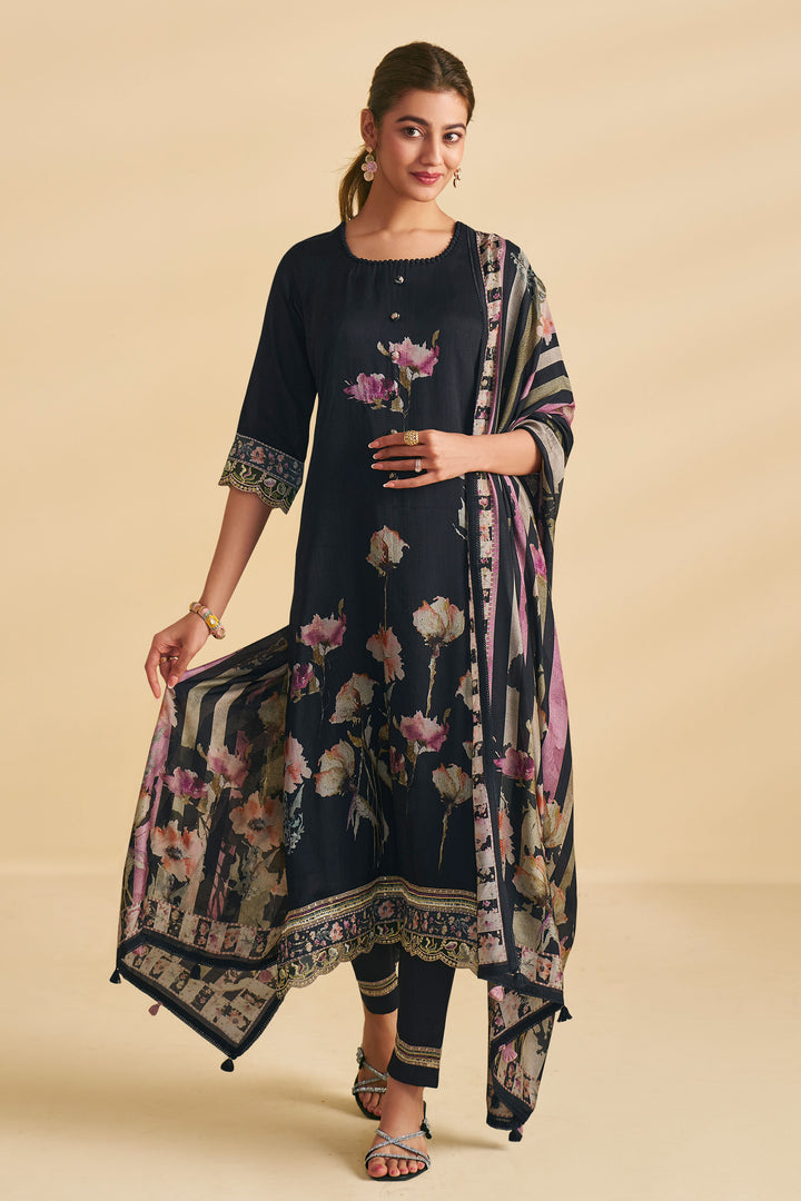 Party Wear Navy Blue Digital Print Salwar Suit In Bemberg slub silk Fabric