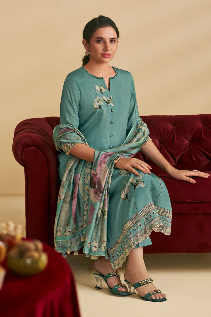 Digital Print Work On Light Cyan Bemberg slub Silk Salwar Suit