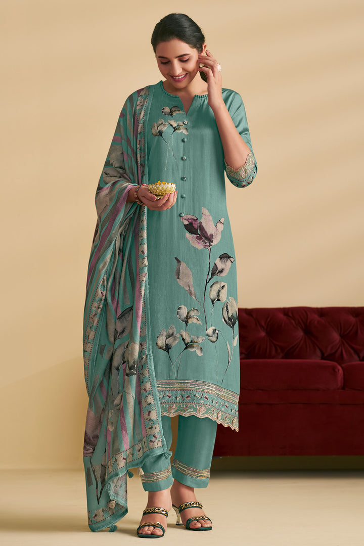 Digital Print Work On Light Cyan Bemberg slub Silk Salwar Suit