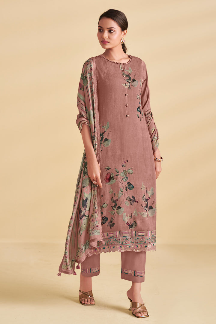 Bemberg Slub Silk Peach Salwar Suit With Digital Print Work