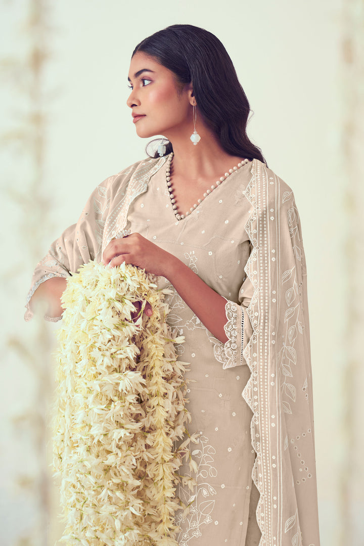Beige Pure Cotton Embroidery Khadi Block Print Straight Cut Designer Suit