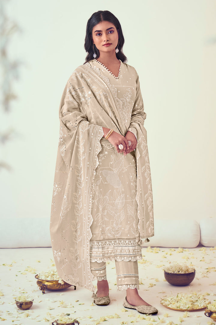 Beige Pure Cotton Embroidery Khadi Block Print Straight Cut Designer Suit
