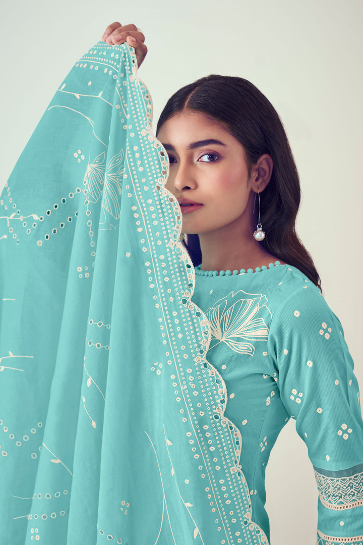 Cyan Pure Cotton Embroidery Khadi Block Print Straight Cut Designer Dress