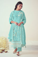 Load image into Gallery viewer, Cyan Pure Cotton Embroidery Khadi Block Print Straight Cut Designer Dress
