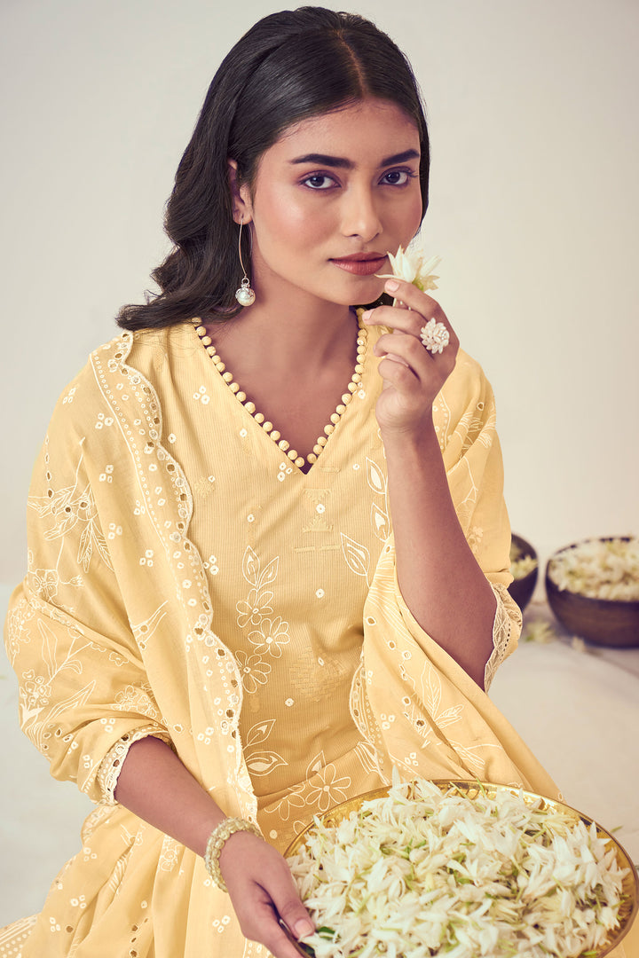 Pure Cotton Embroidery Khadi Block Print Straight Cut Designer Salwar Kameez In Cream Color