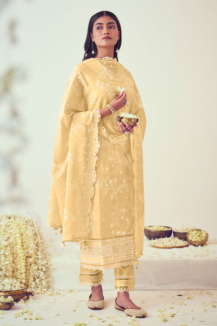 Pure Cotton Embroidery Khadi Block Print Straight Cut Designer Salwar Kameez In Cream Color