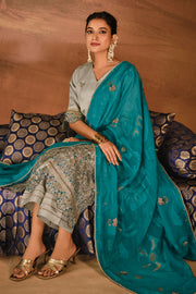 Beige Pure Tissue Self Jacquard With Embroidered Designer Salwar Suit