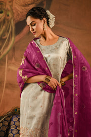 Beige Tissue Self Jacquard With Embroidered Designer Suit